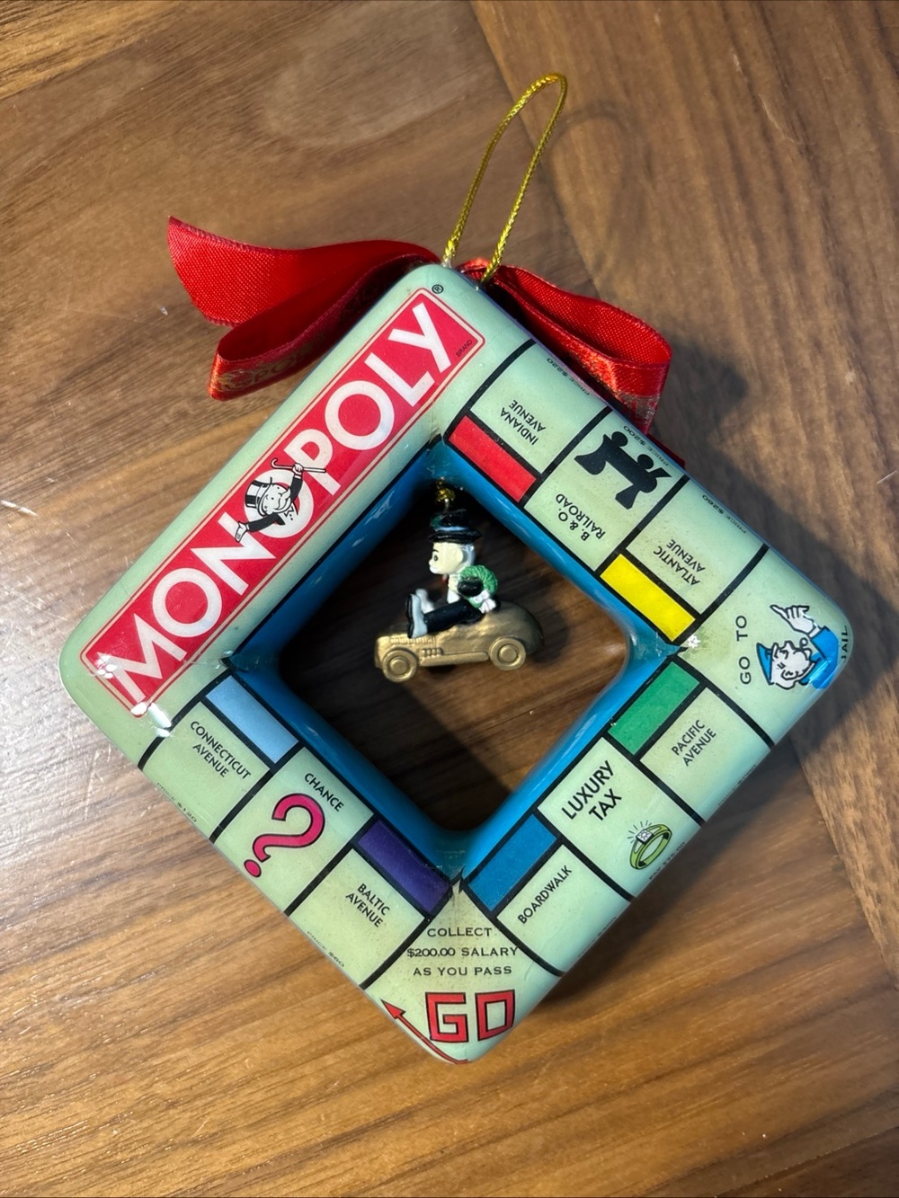 Monopoly Square Ornament with Top Hat Token - Red, Blue, Green